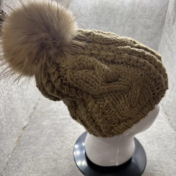Linda Richards‎ New York Cable Knit Beanie Fur Pom Cap Beige Brown Basket Weave